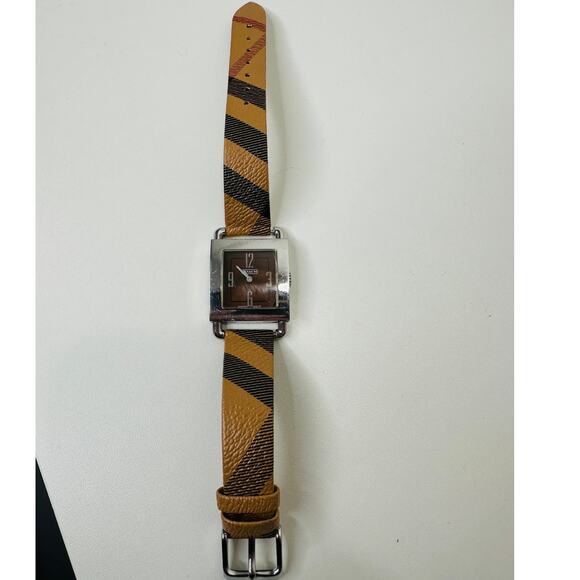 Coach Silver Square Bronze Face Watch Tan Plaid Watchband - Picture 2 of 14